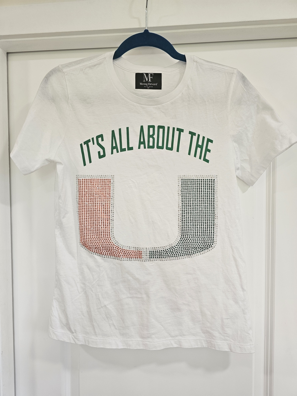 Moving Forward Miami Hurricanes White It's All About The U Rhinestones TShirt XS